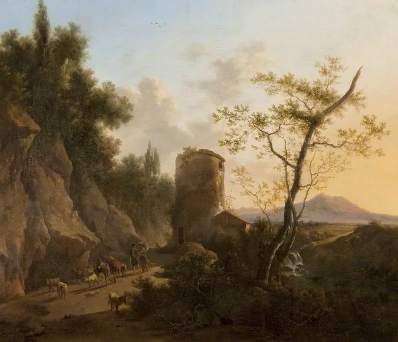 Landscape with a Ruined Tower and Figures, by Frederik de Moucheron, oil, 1665