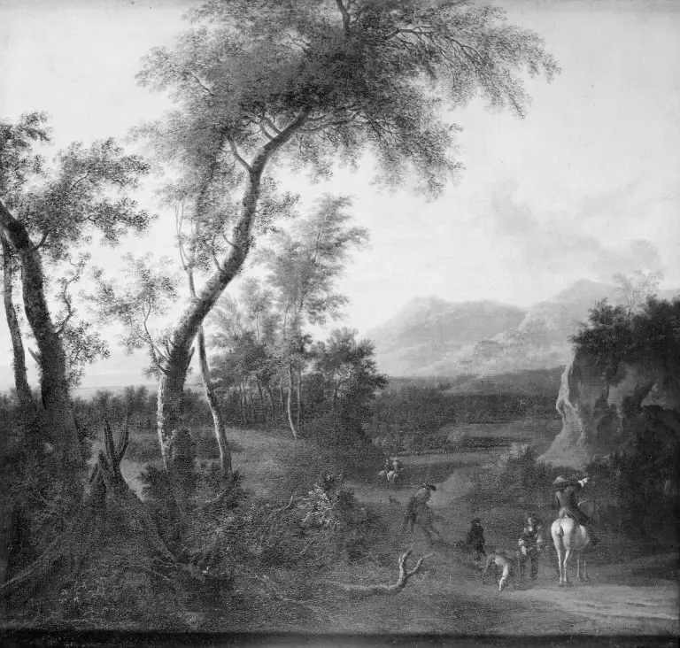 Landscape with Huntsmen, by Frederik de Moucheron, oil, 1667