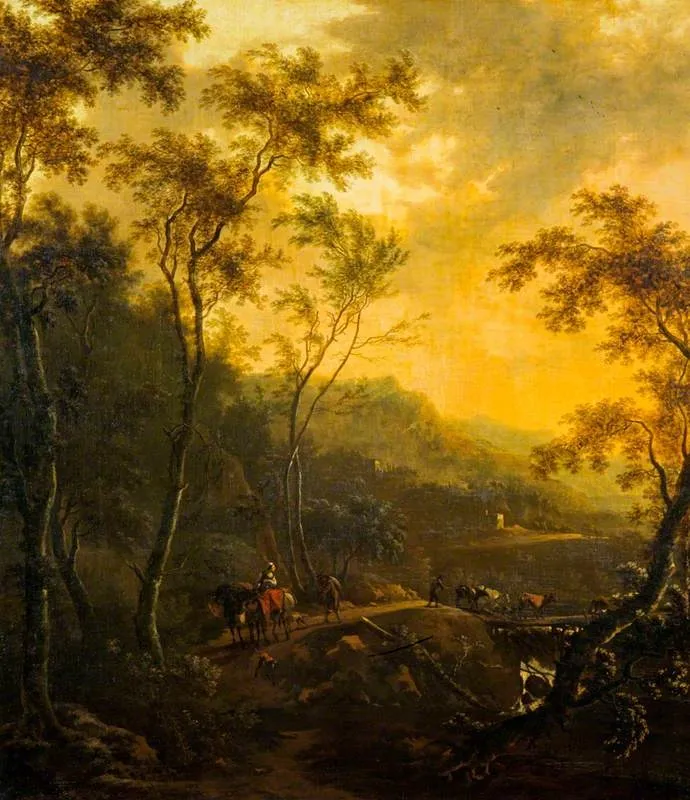 Landscape with Travellers and a Herdsman, by Frederik de Moucheron, oil