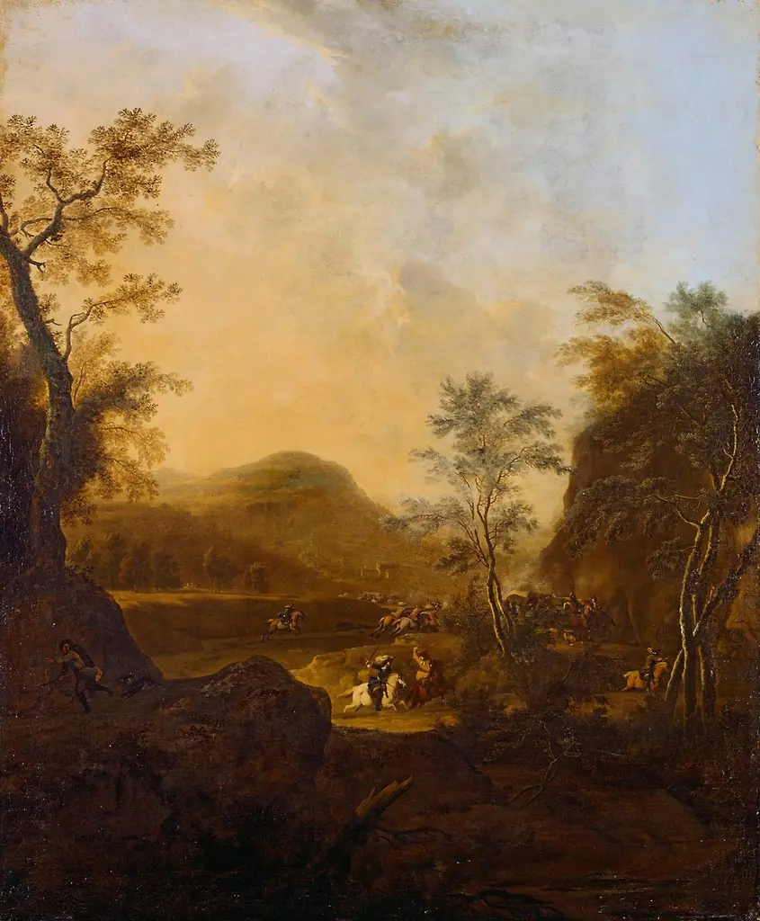 Landschaft mit kämpfenden Reitern, by Frederik de Moucheron