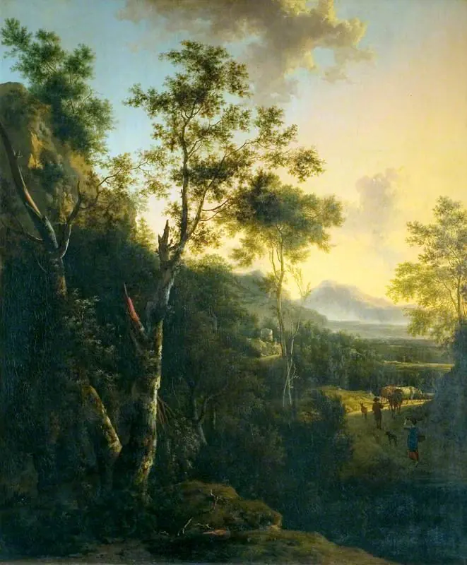 Rocky Landscape with a Statue, a Broken Column and Figures, by Frederik de Moucheron