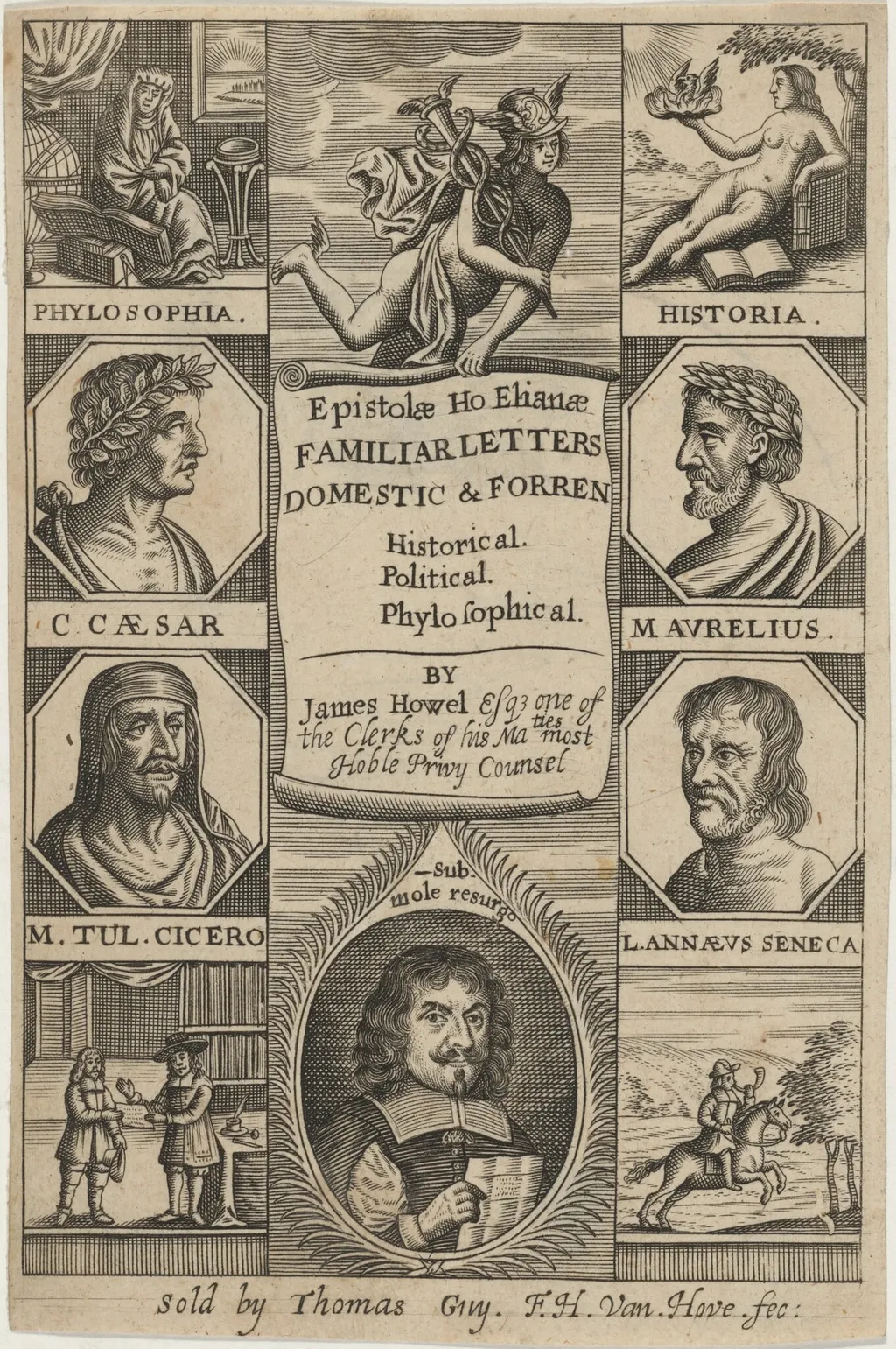 Title Page to Epistolae Hoephanae, by James Howel, by Frederik Hendrik van den Hove, ink, 1678