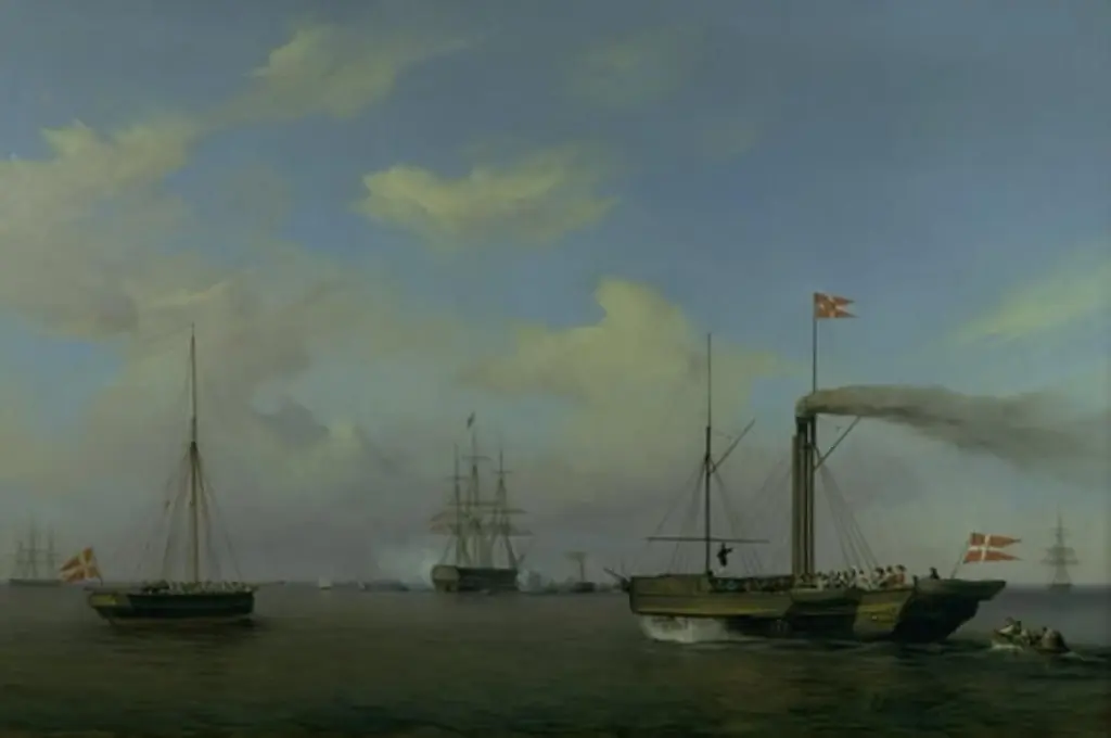 Den danske eskadre til ankers på Warnemünde rhed. Deres kongelige højheder kronprinsen og kronprinsessen ankommer på dampskibet "Kiel" til eskadren, og orlogsskibet "Christian den Ottende" begynder at salutere, by Frederik Theodor Kloss