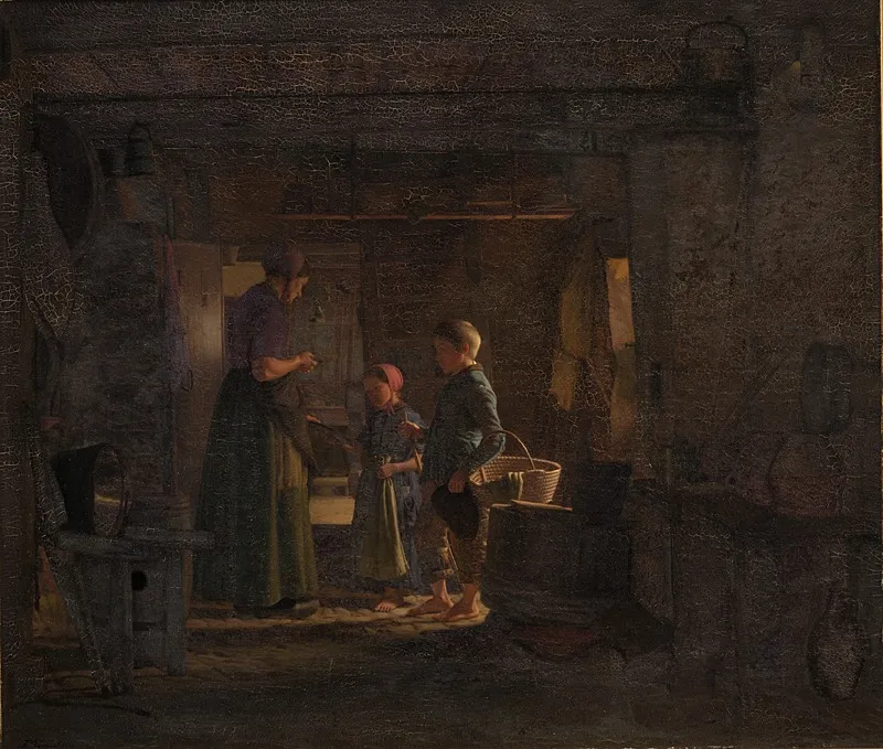 To tiggerbørn i et bondekøkken, by Frederik Vermehren, oil, 1860