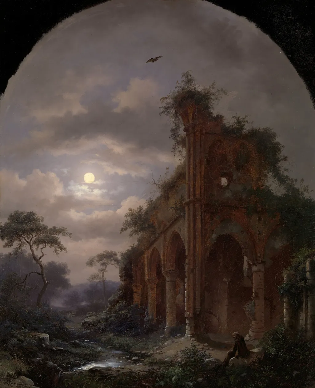 Monk Meditating near a Ruin by Moonlight, by Fredrik Marinus Kruseman, oil, 1862