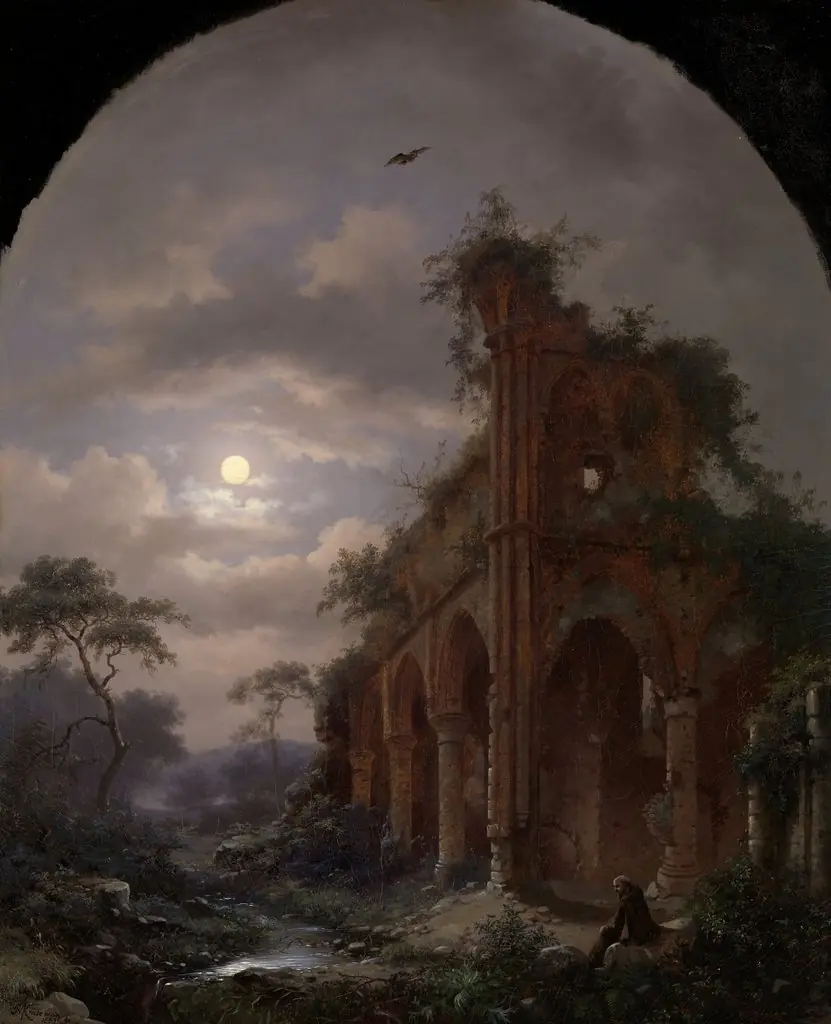 Monk Meditating near a Ruin by Moonlight, by Fredrik Marinus Kruseman