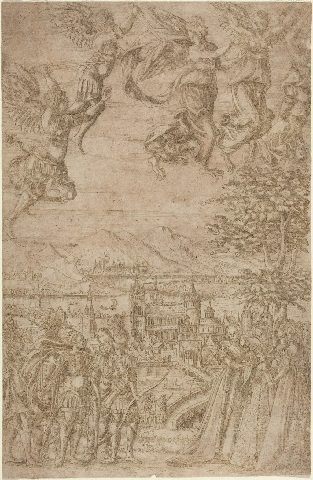 A King and His Retinue Confronting Ladies under a Celestial Battle, by French 17th Century, ink, 1600