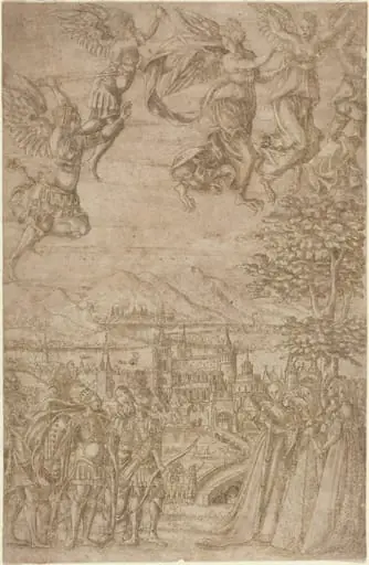 A King and His Retinue Confronting Ladies under a Celestial Battle, by French 17th Century
