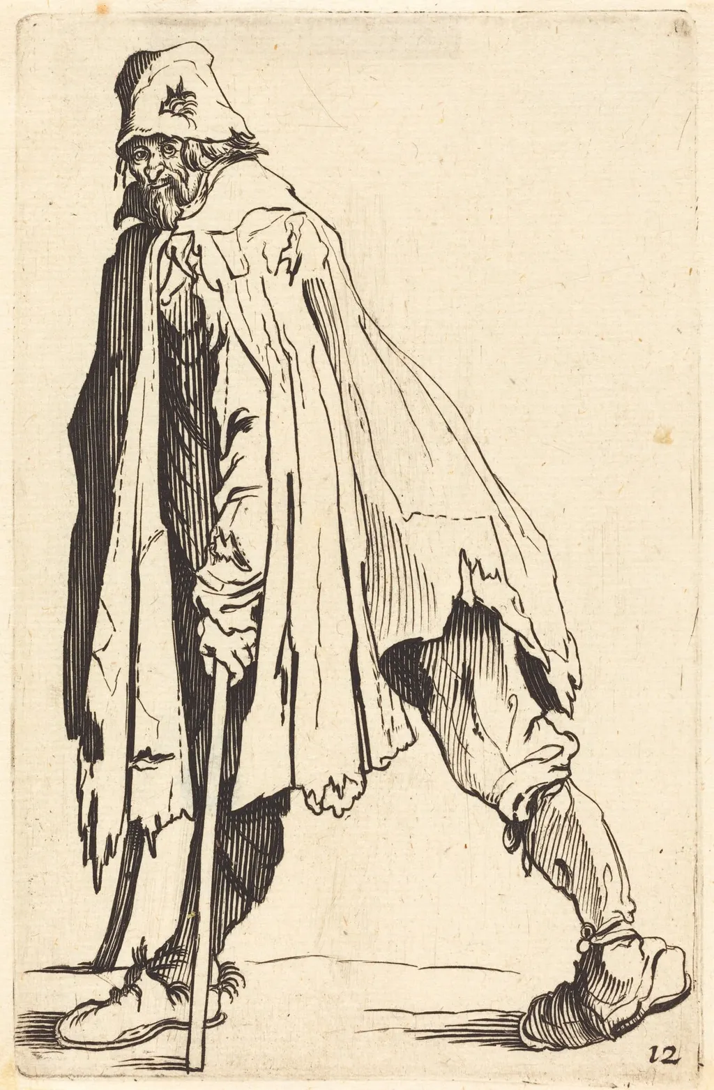 Beggar with Crutches and Cap, by French 17th Century, ink, 1622