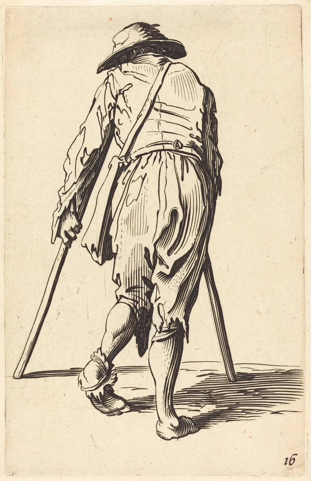 Beggar with Crutches and Hat, Back View, by French 17th Century, ink, 1622