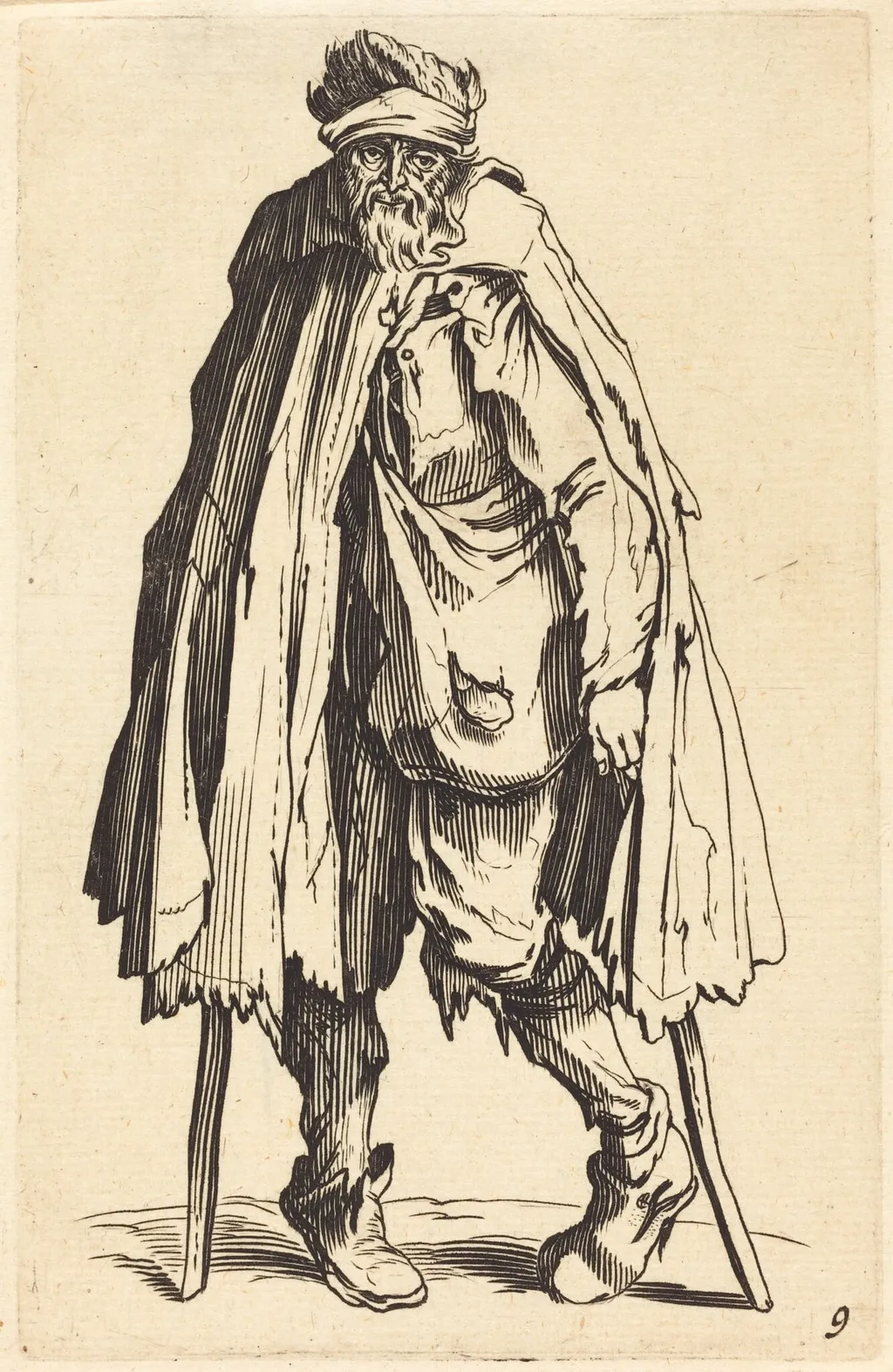 Beggar with Crutches and Sack, by French 17th Century, ink, 1622
