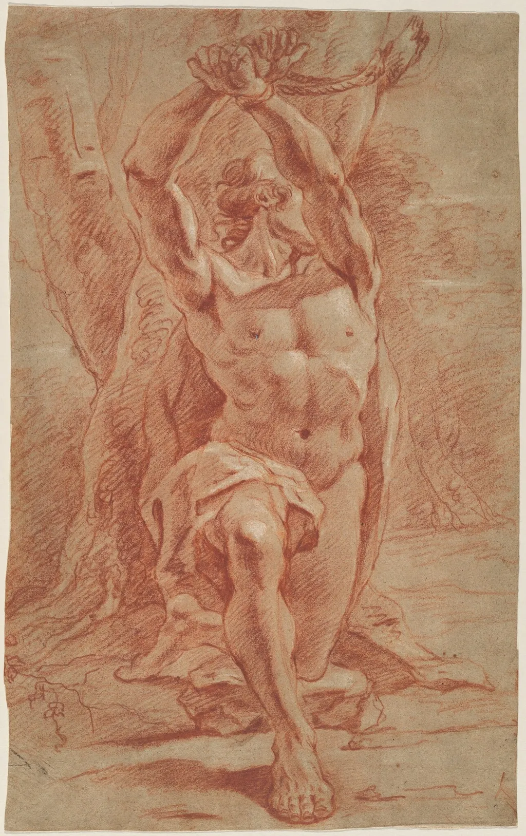 Kneeling Man Bound to a Tree, by French 17th Century, chalk, 1685