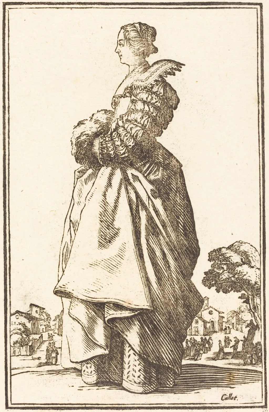 Noble Woman in Profile with her Hands in a Muff, by French 17th Century, ink, 1623