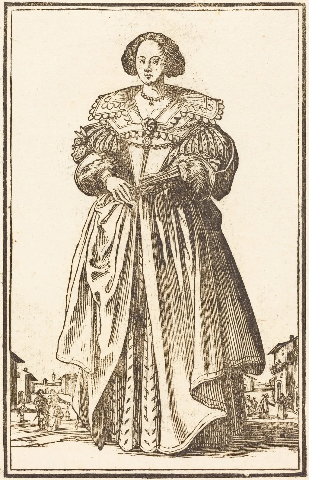 Noble Woman with Fan, by French 17th Century, ink, 1623