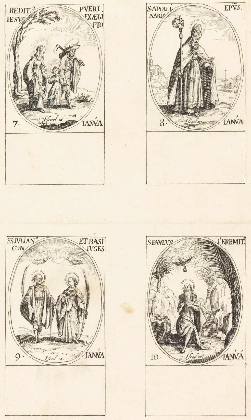 Return from Egypt; St. Apollinaire; St. Julian and Basilissa; St. Paul the Hermit, by French 17th Century, ink, 1635