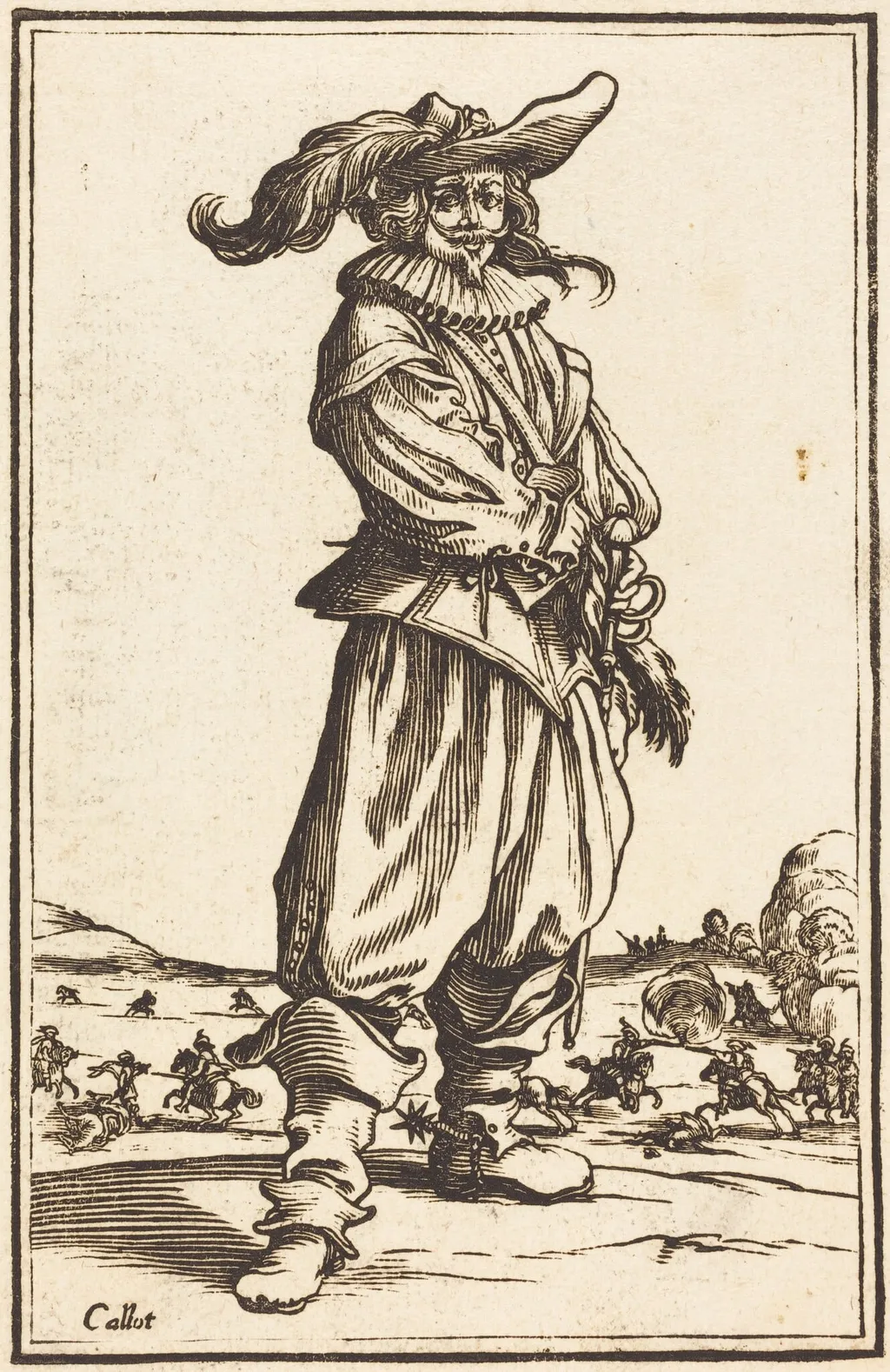 Soldier with Feathered Hat, by French 17th Century, ink, 1623