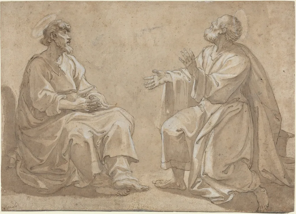 Two Seated Saints, by French 17th Century, ink, 1601