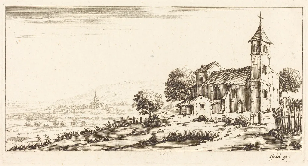 Village Church, by French 17th Century, ink, 1635
