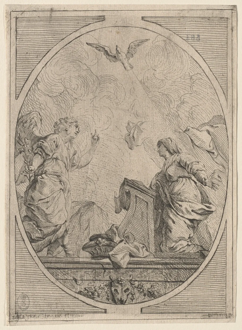 The Annunciation, by French 18th Century, ink, 1730