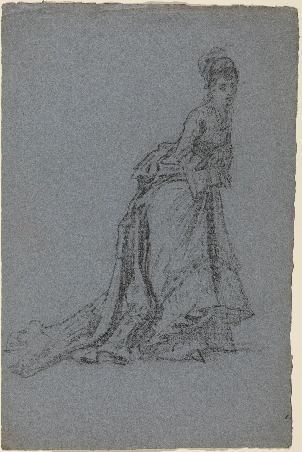 Fashionable Young Woman Stepping Forward, by French 19th Century, chalk, 1894
