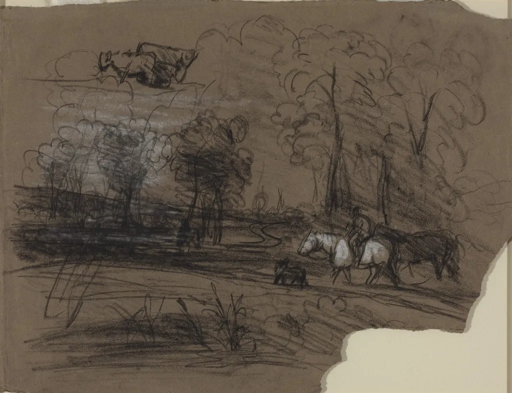 Rider in the Countryside, by French 19th Century, charcoal, 1850