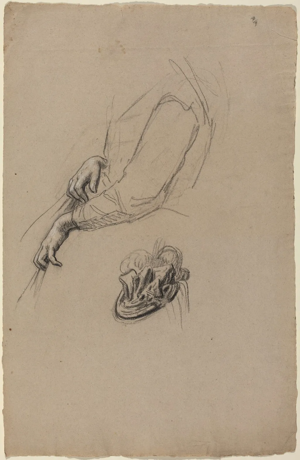 Young Woman's Hands and Beribboned Hat, by French 19th Century, chalk, 1894