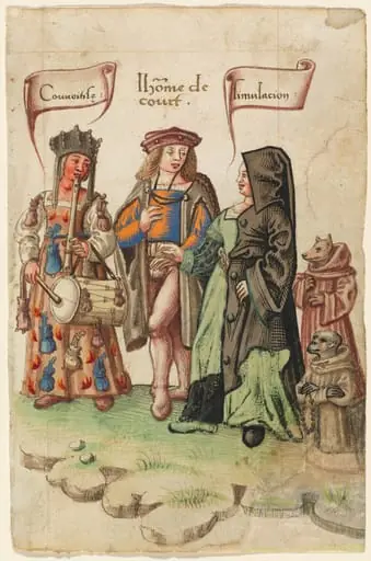 A Courtier Standing Between Covetousness and Dissimulation [fol. 14 recto], by French early 16th Century