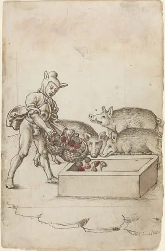 A Fool Feeding Flowers to Swine [fol. 42 recto], by French early 16th Century