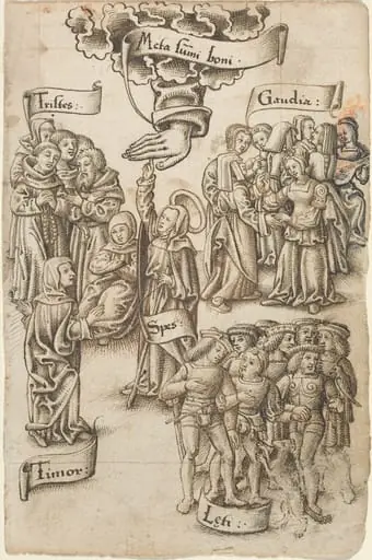 Hope, Reaching for Heaven, Stands among Sad and Happy Men, Joys, and Fear [fol. 19 recto], by French early 16th Century