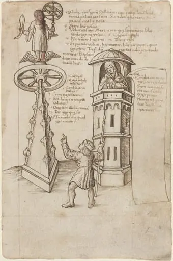 The Statue of Opportunity, a Passer-by, and Remorse [fol. 8r], by French early 16th Century