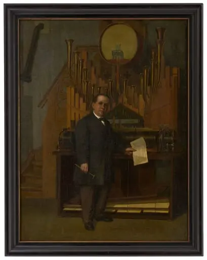 Michael Welte vor einem Orchestrion in seiner Werkstatt in Vöhrenbach, by Frid. Seiber