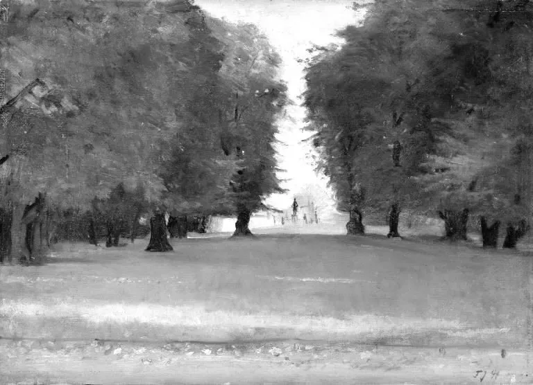 Frederiksberg Garden. In the background the statue of Frederik VI and the entrance gates, by Fridolin Johansen, oil, 1896