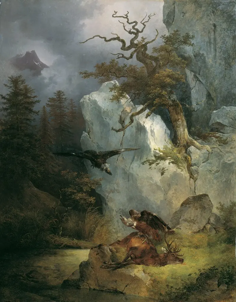 A vulture on deafening deer, by Friedrich Gauermann