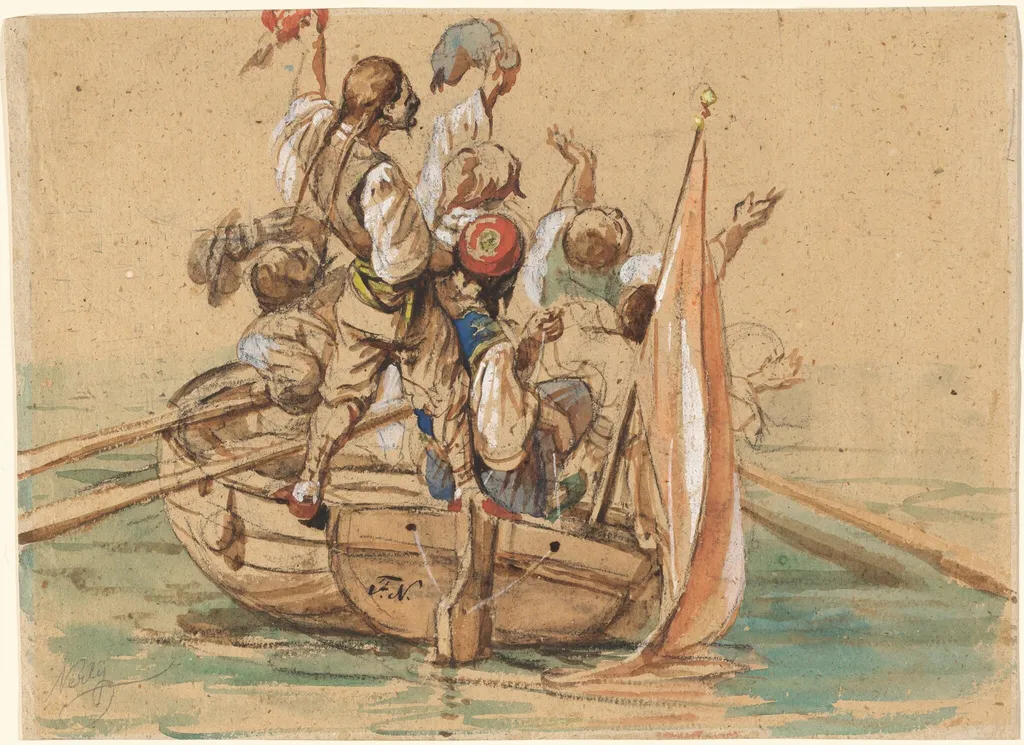 Greek Sailors on a Venetian Canal, by Friedrich Nerly, chalk