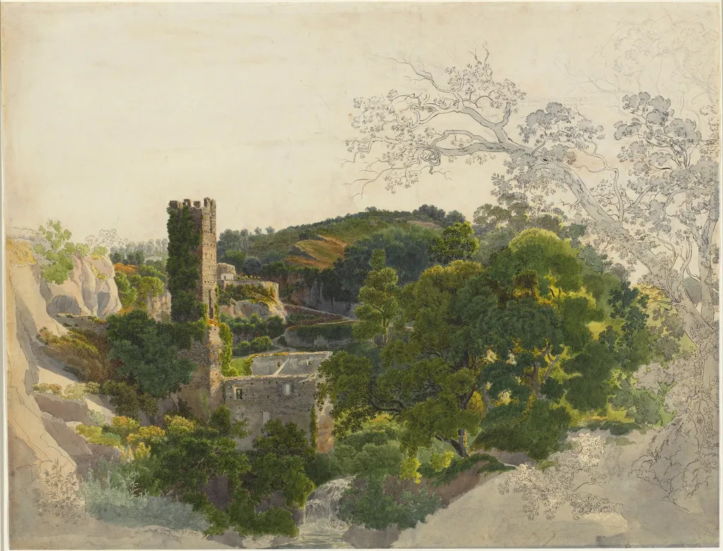 Ruins of a Fortified Tower among Wooded Hills, by Friedrich Salathé, ink, 1818