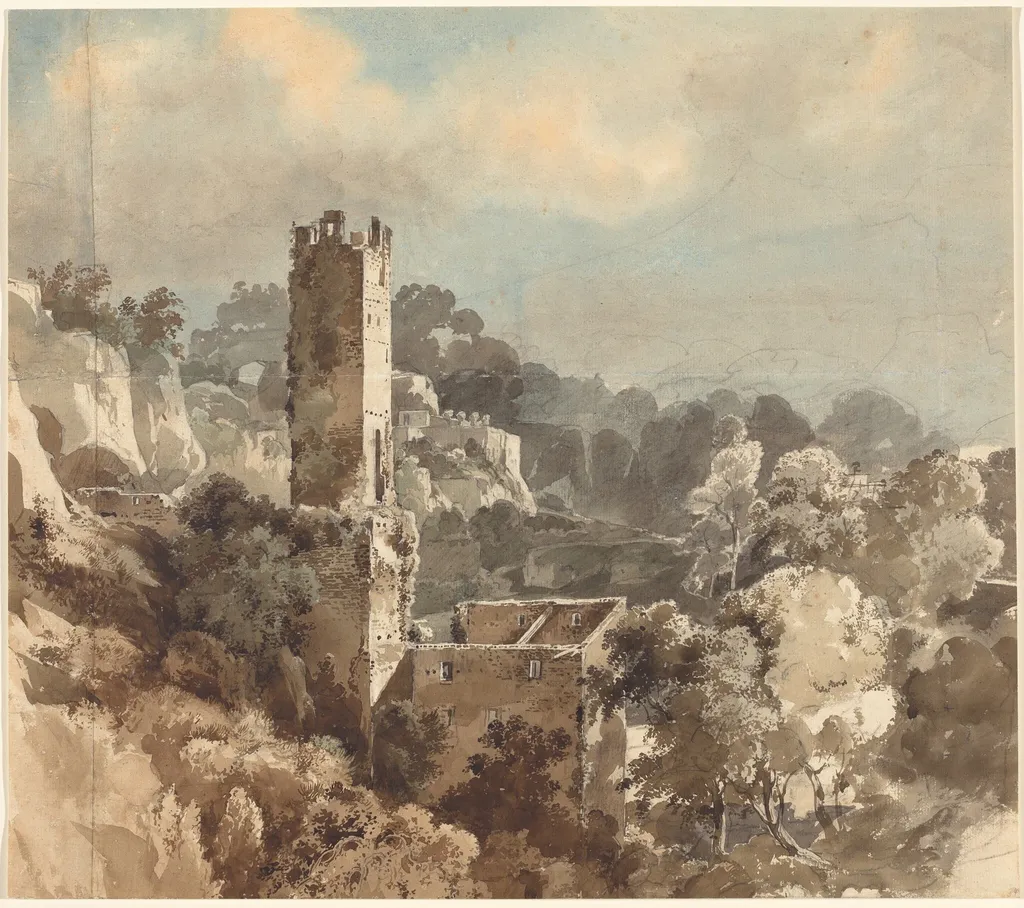 Ruins of a Fortified Tower among Wooded Hills, by Friedrich Salathé, graphite, 1818