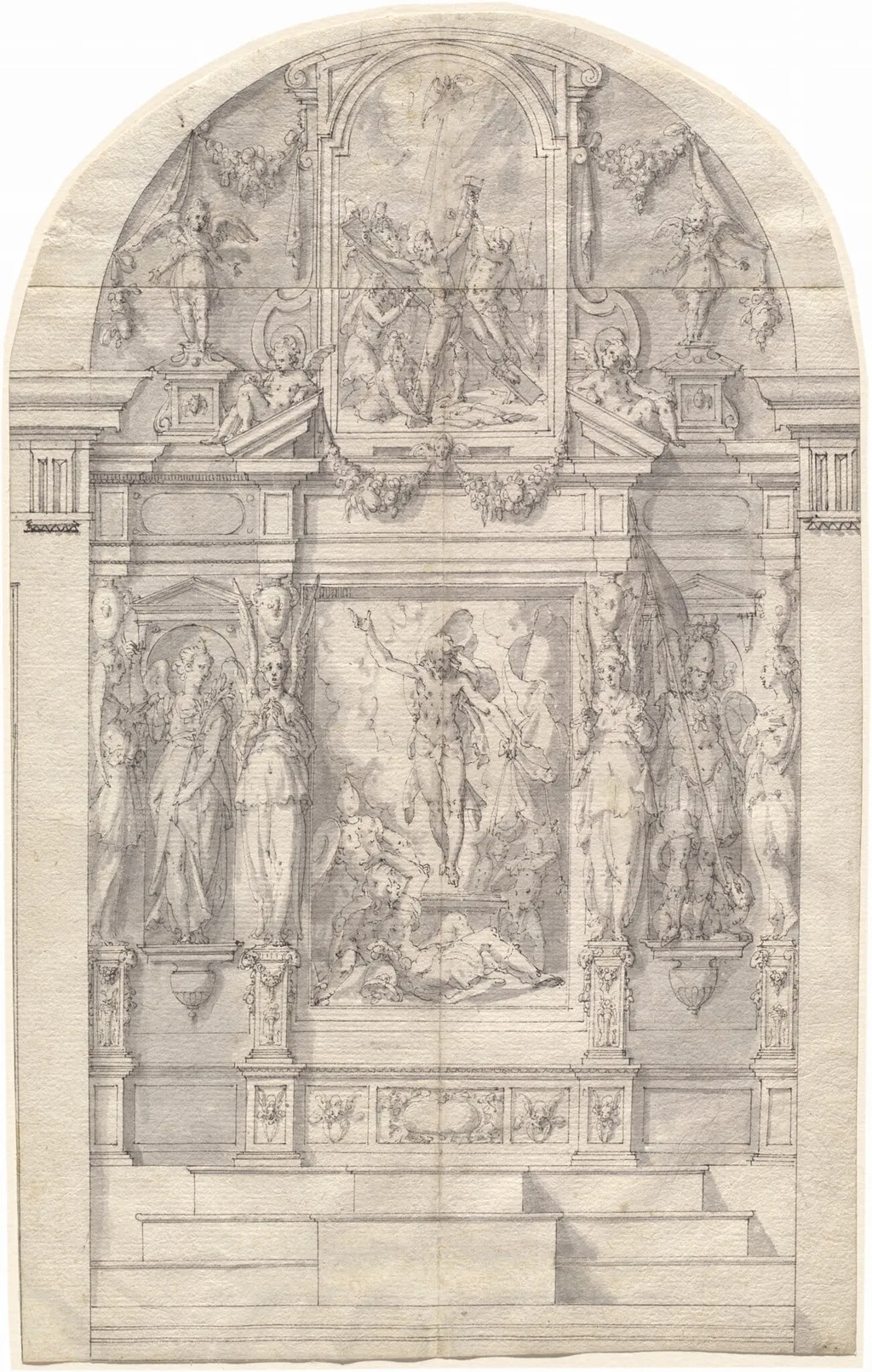 An Elaborate Altar with the Resurrection of Christ and the Martyrdom of Saint Andrew, by Friedrich Sustris, ink, 1575