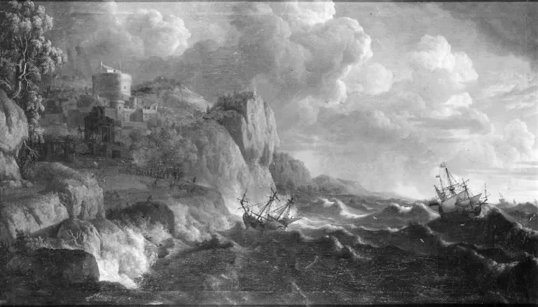 Klippekyst med oprørt sø og skibe i havsnød, by Friedrich Wilhelm Boehme, oil, 1704
