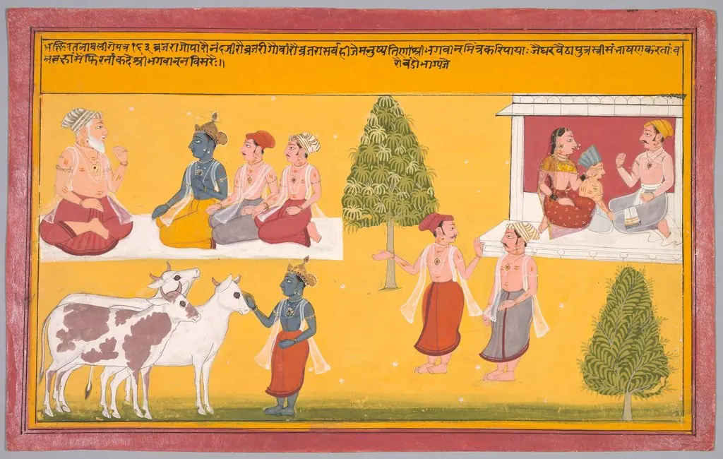 Friends of Krishna, folio 163 from a Bhakti Ratnavali of Vishnu Puri, 1737