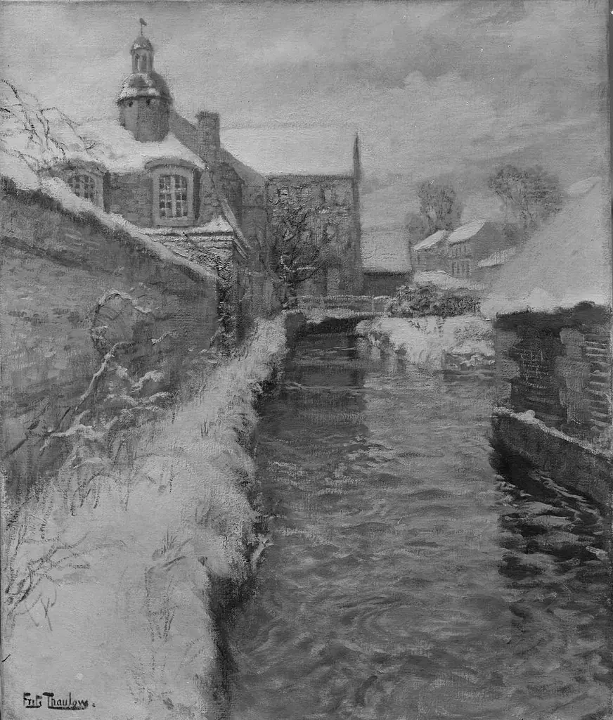 Snow-covered Buildings along a Canal, by Frits Thaulow