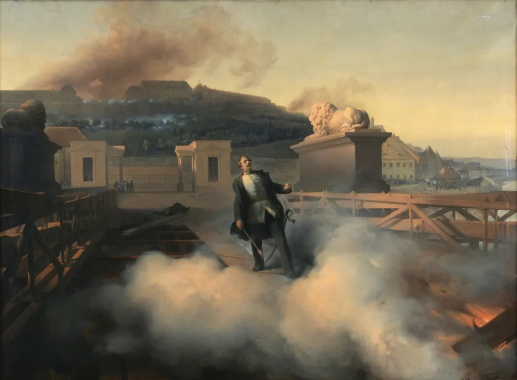 Oberst Alnock auf der Budapester Kettenbrücke, by Fritz Allemand, oil, 1851