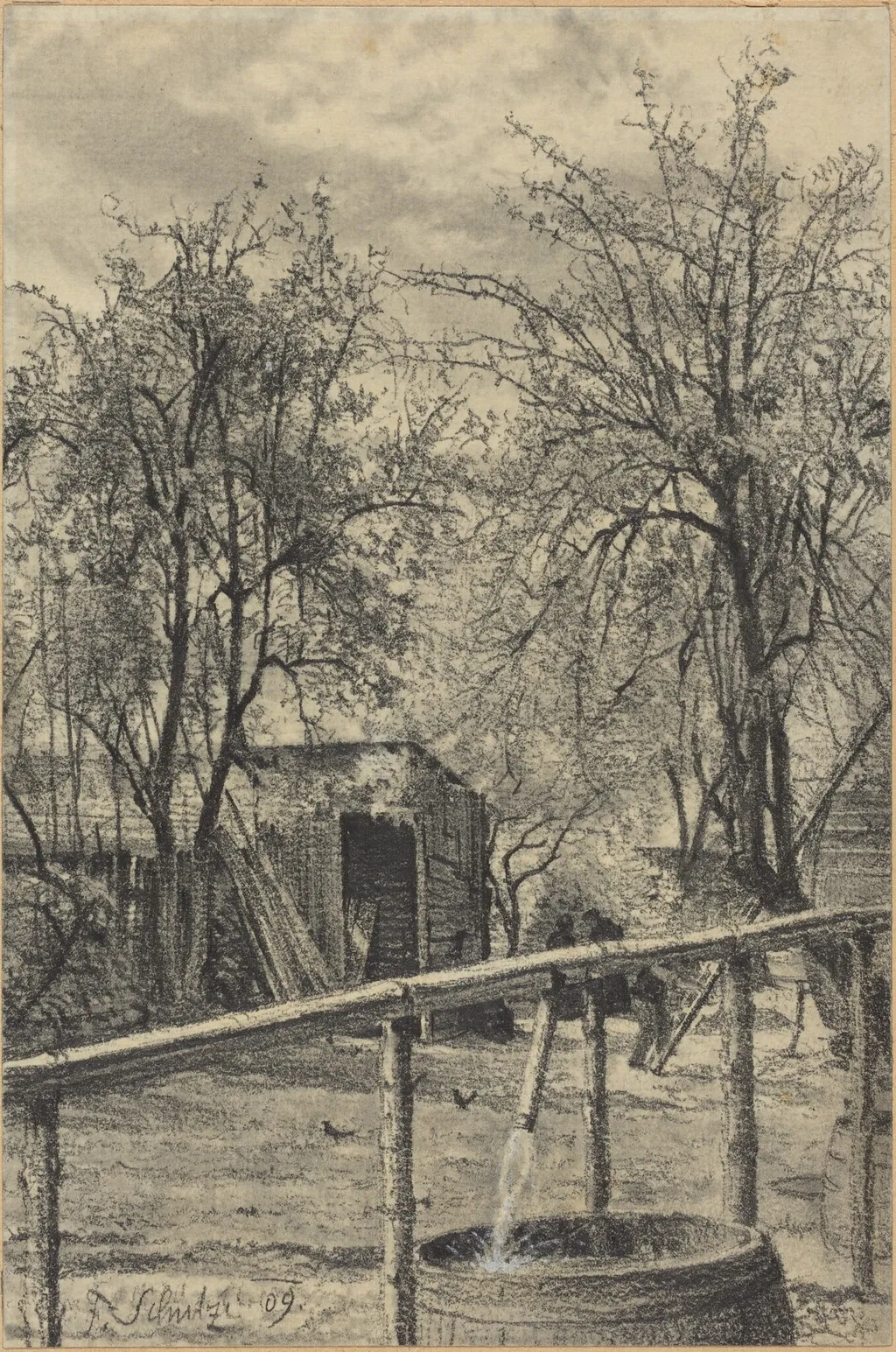 A Corner of a Rental Garden, by Fritz Schulze, chalk, 1909