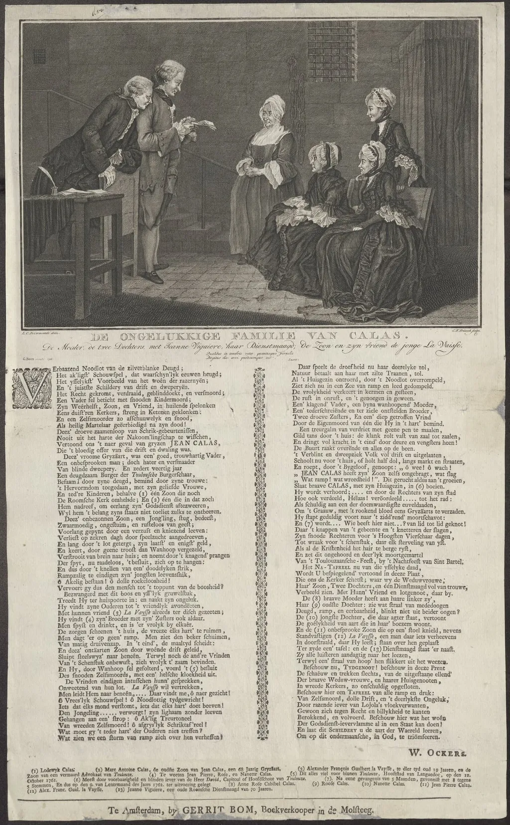 History print and poem 'The unhappy family of Calas', by Fritzsch Christian Friedrich, 1750