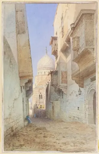 Street Scene in Cairo, with the dome of a tomb, by G. Pinotti