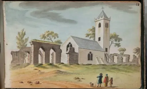 View of the church and adjacent ruins at Dunshaghlin [Dunshaughlin], Co[unt]y of E[ast] Meath, 13 miles from Dublin [...], by Gabriel, ca.1729-1817 Beranger