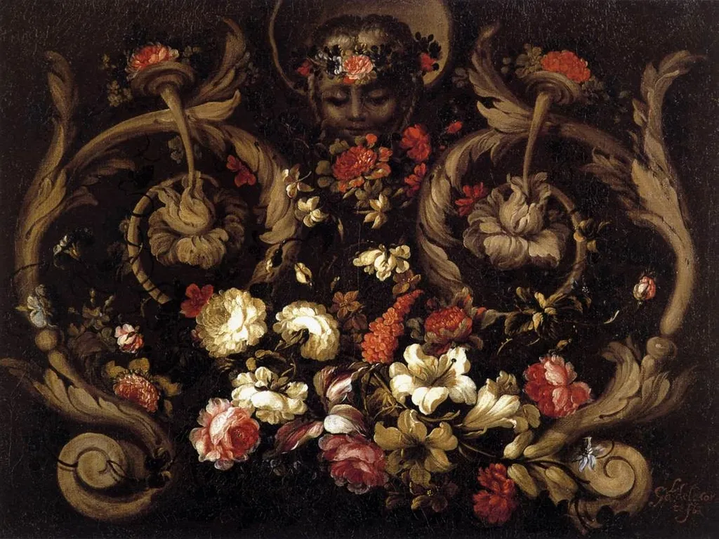 Sculpted Grotesques with Flowers, by Gabriel de la Corte, oil, 1670