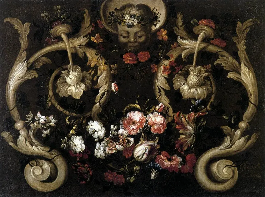 Sculpted Grotesques with Roses and Tulips, by Gabriel de la Corte