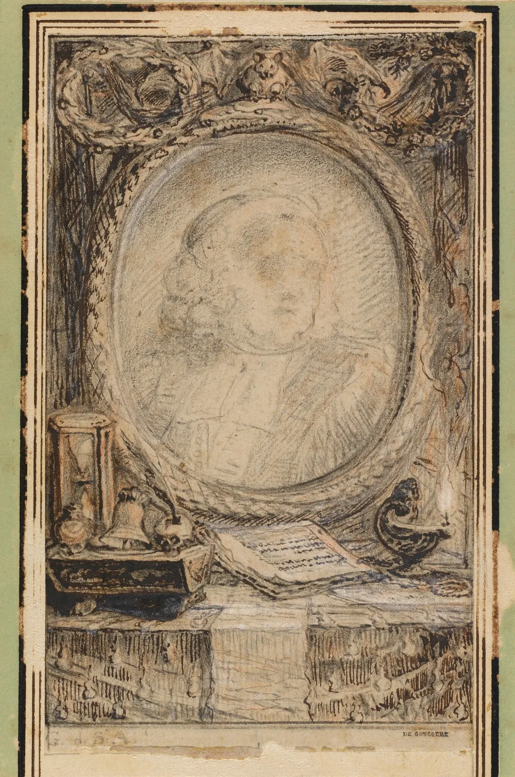 Allegorical Frame with a Bat, by Gabriel de Saint-Aubin, graphite, 1769