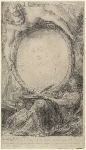 Allegorical Frame with a Genius and a Veiled Woman Writing, by Gabriel de Saint-Aubin