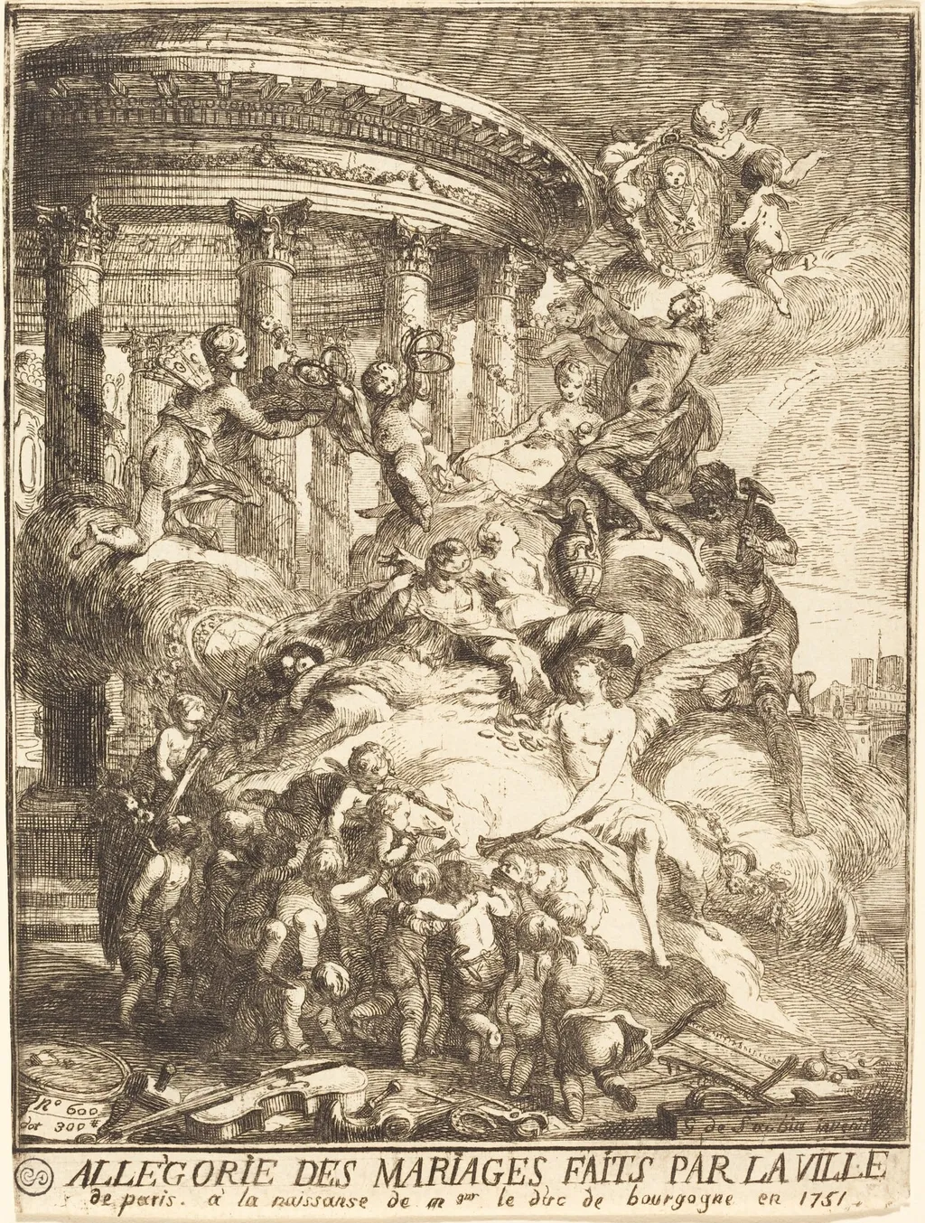 Allégorie des mariages faits par la ville de Paris à la naissance du duc de Bourgogne (Allegory of the Marriages Performed by the City of Paris in Honor of the Birth of the Duc de Bourgogne in 1751), by Gabriel de Saint-Aubin, ink, 1751